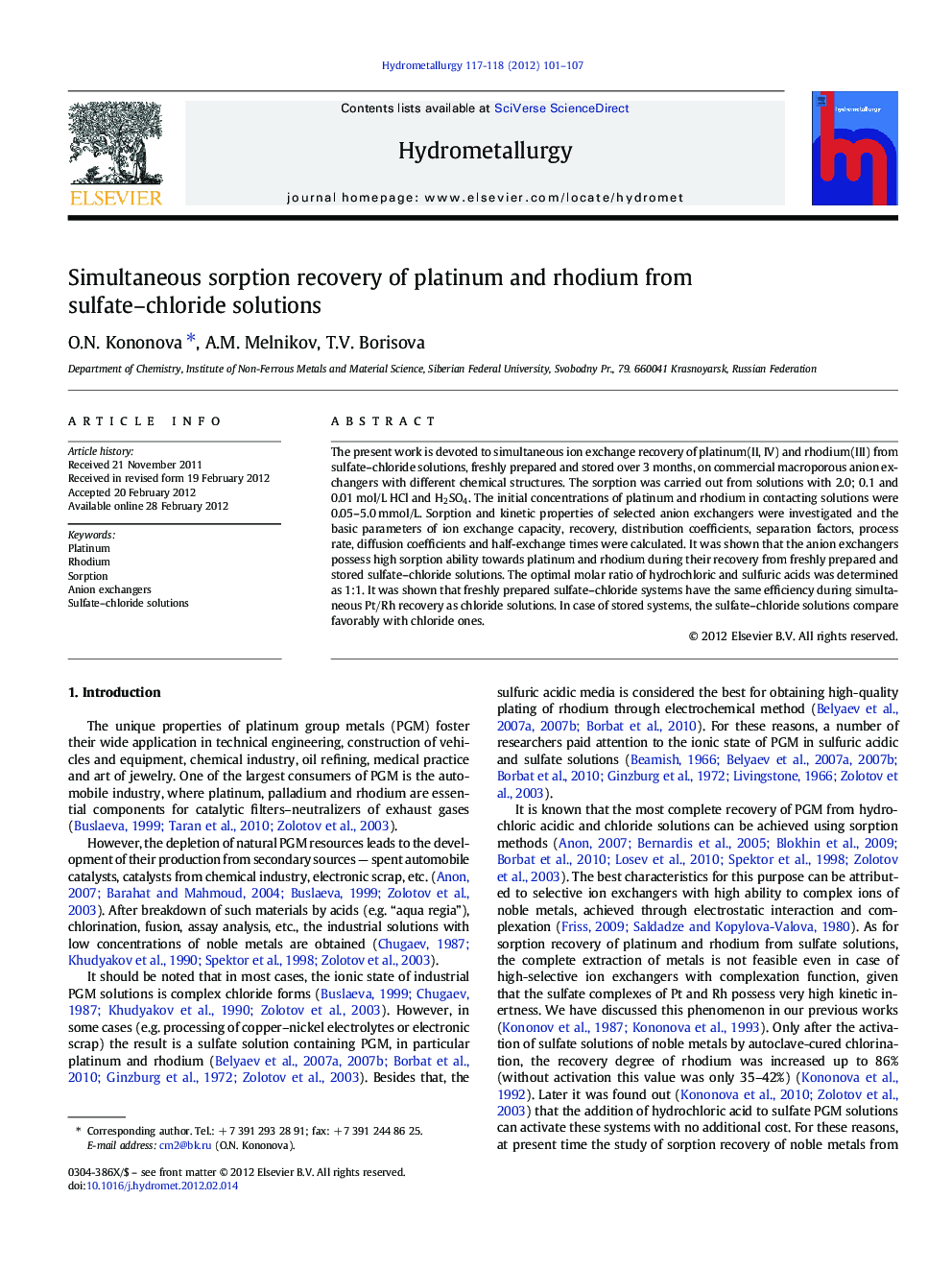 Simultaneous sorption recovery of platinum and rhodium from sulfate–chloride solutions