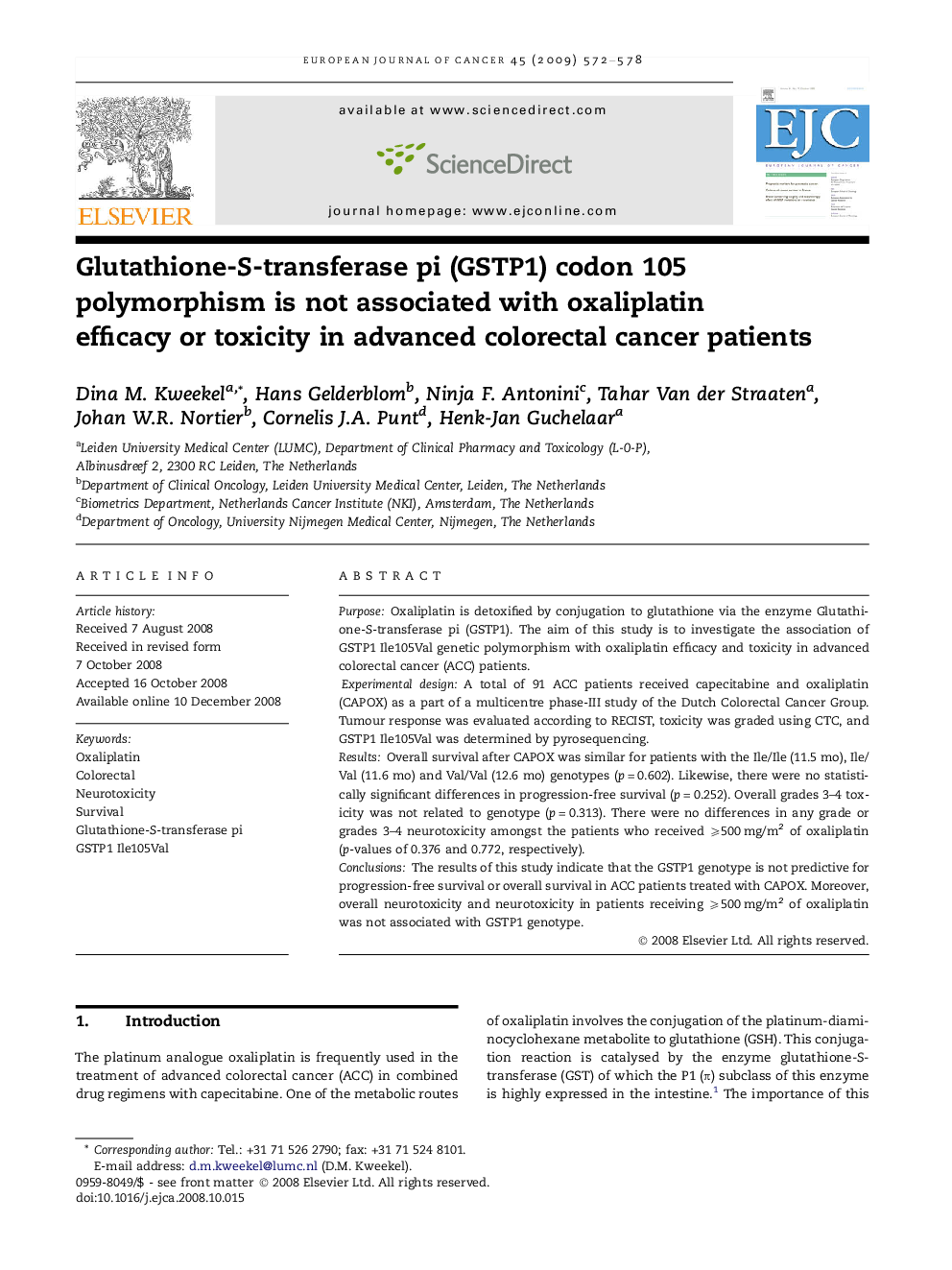 Glutathione-S-transferase pi (GSTP1) codon 105 polymorphism is not associated with oxaliplatin efficacy or toxicity in advanced colorectal cancer patients