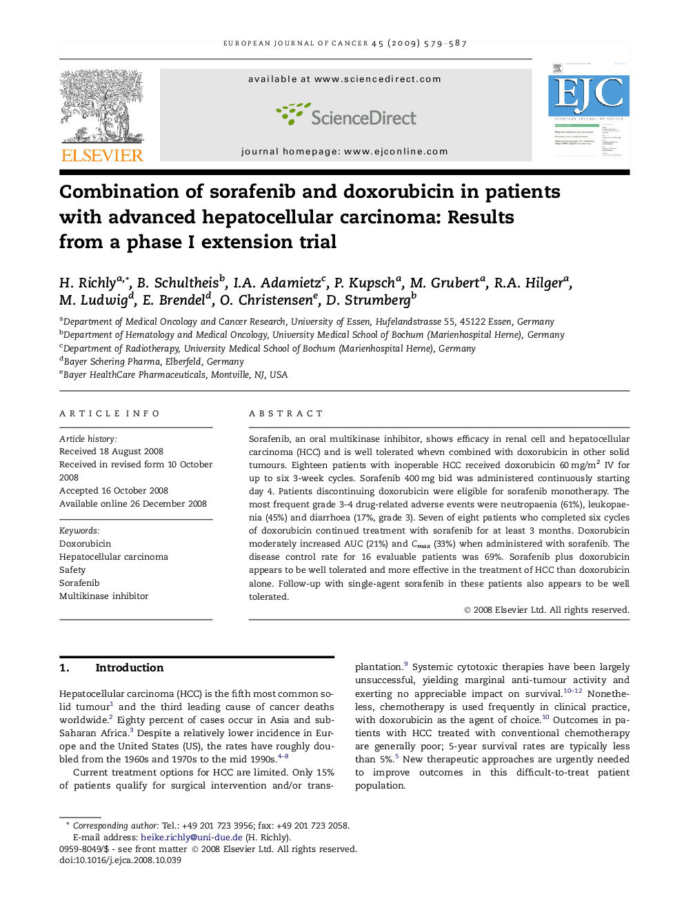 Combination of sorafenib and doxorubicin in patients with advanced hepatocellular carcinoma: Results from a phase I extension trial