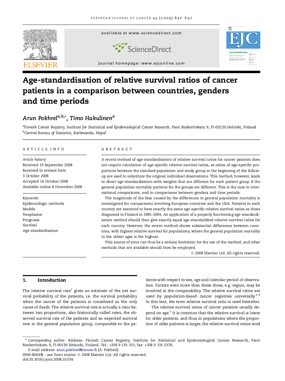 Age-standardisation of relative survival ratios of cancer patients in a comparison between countries, genders and time periods