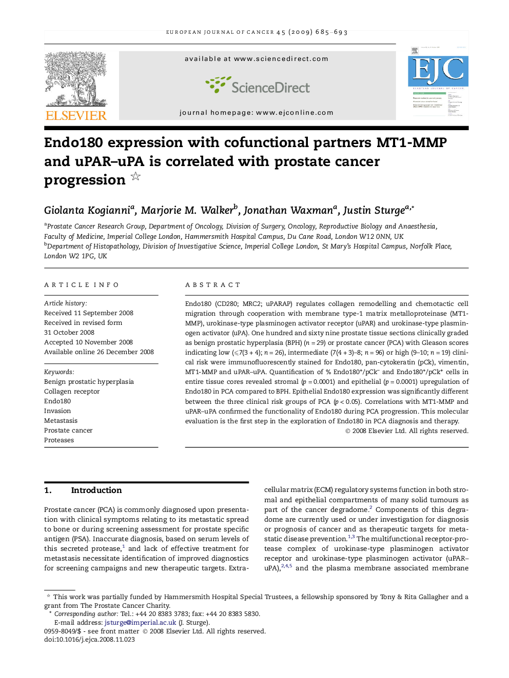 Endo180 expression with cofunctional partners MT1-MMP and uPAR–uPA is correlated with prostate cancer progression 