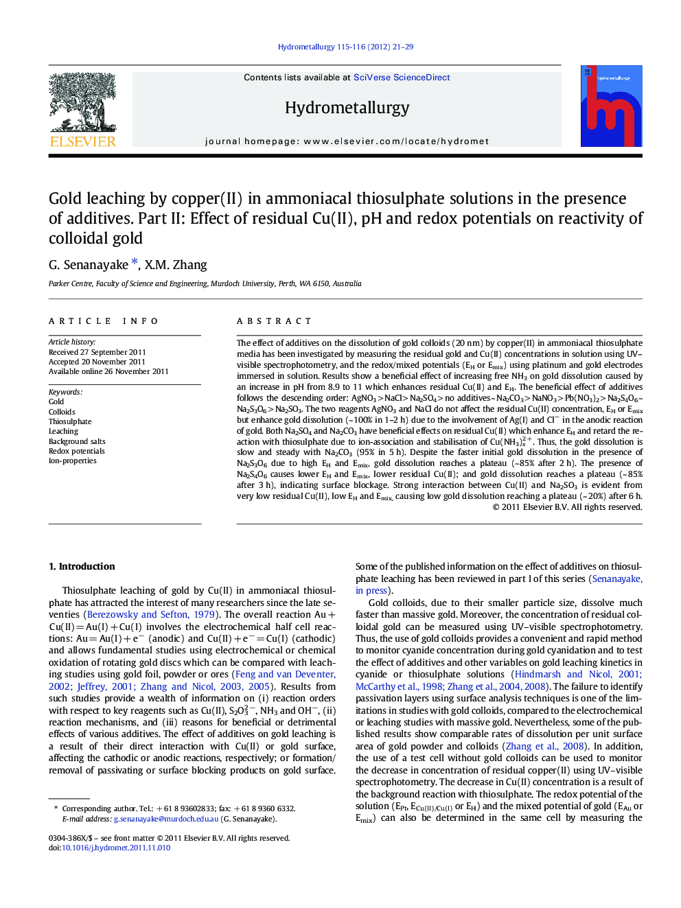Gold leaching by copper(II) in ammoniacal thiosulphate solutions in the presence of additives. Part II: Effect of residual Cu(II), pH and redox potentials on reactivity of colloidal gold