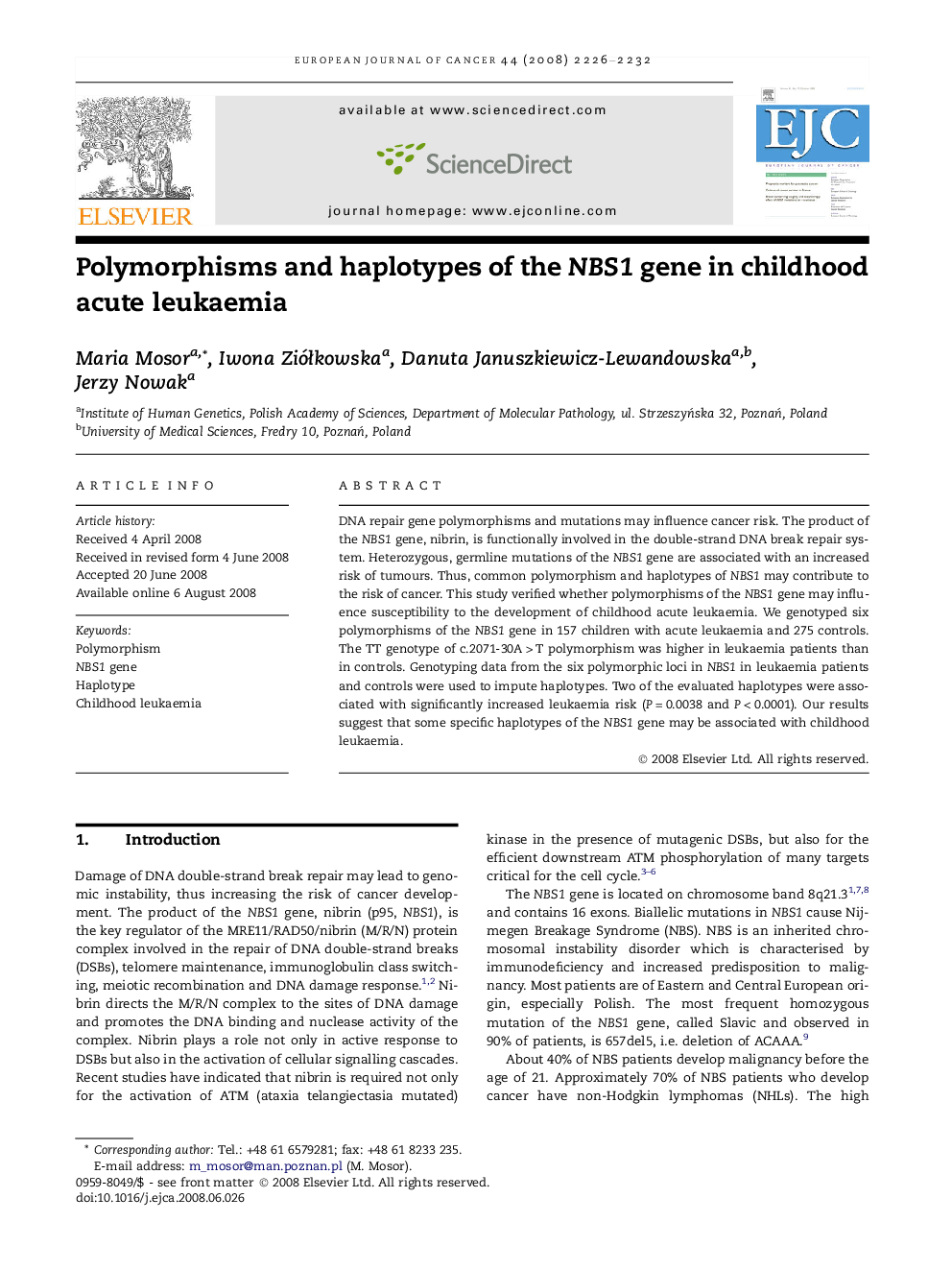 Polymorphisms and haplotypes of the NBS1 gene in childhood acute leukaemia