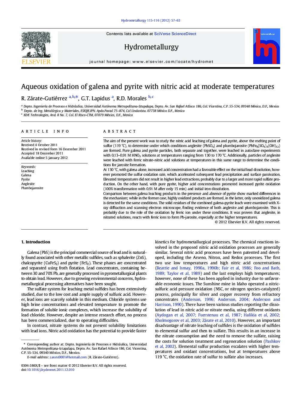 Aqueous oxidation of galena and pyrite with nitric acid at moderate temperatures