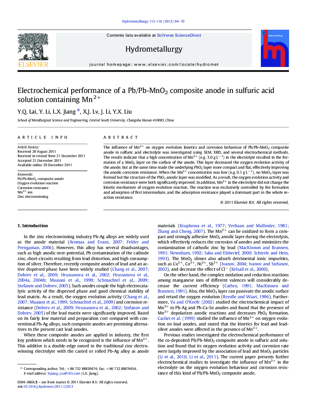 Electrochemical performance of a Pb/Pb-MnO2 composite anode in sulfuric acid solution containing Mn2+