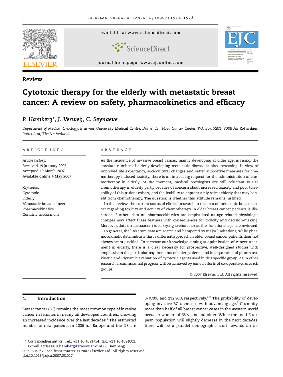 Cytotoxic therapy for the elderly with metastatic breast cancer: A review on safety, pharmacokinetics and efficacy