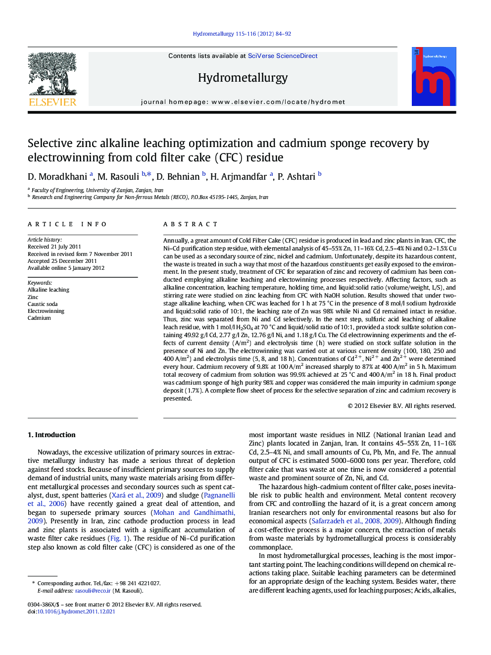 Selective zinc alkaline leaching optimization and cadmium sponge recovery by electrowinning from cold filter cake (CFC) residue