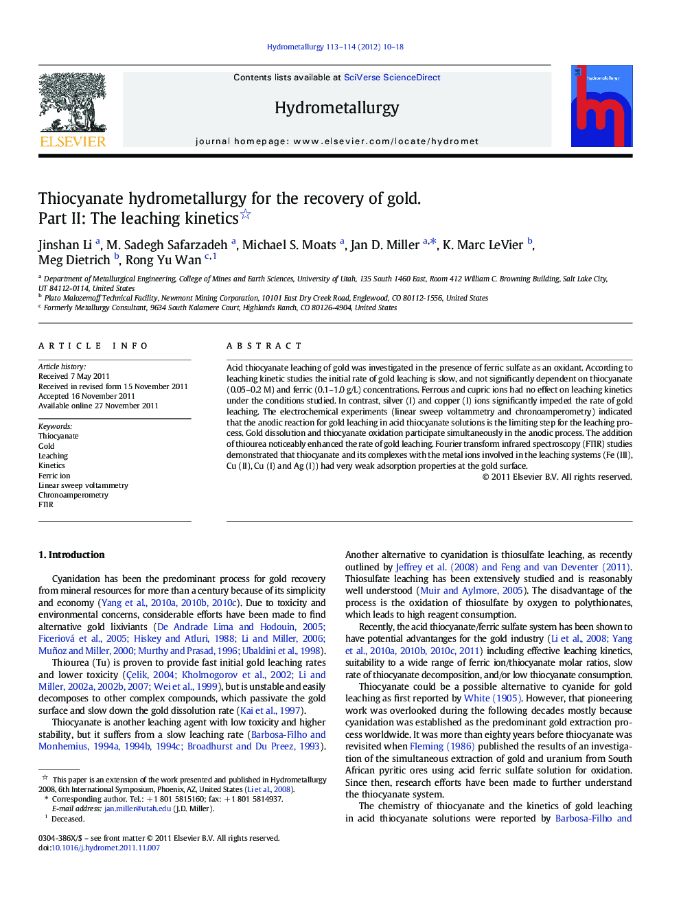 Thiocyanate hydrometallurgy for the recovery of gold. : Part II: The leaching kinetics