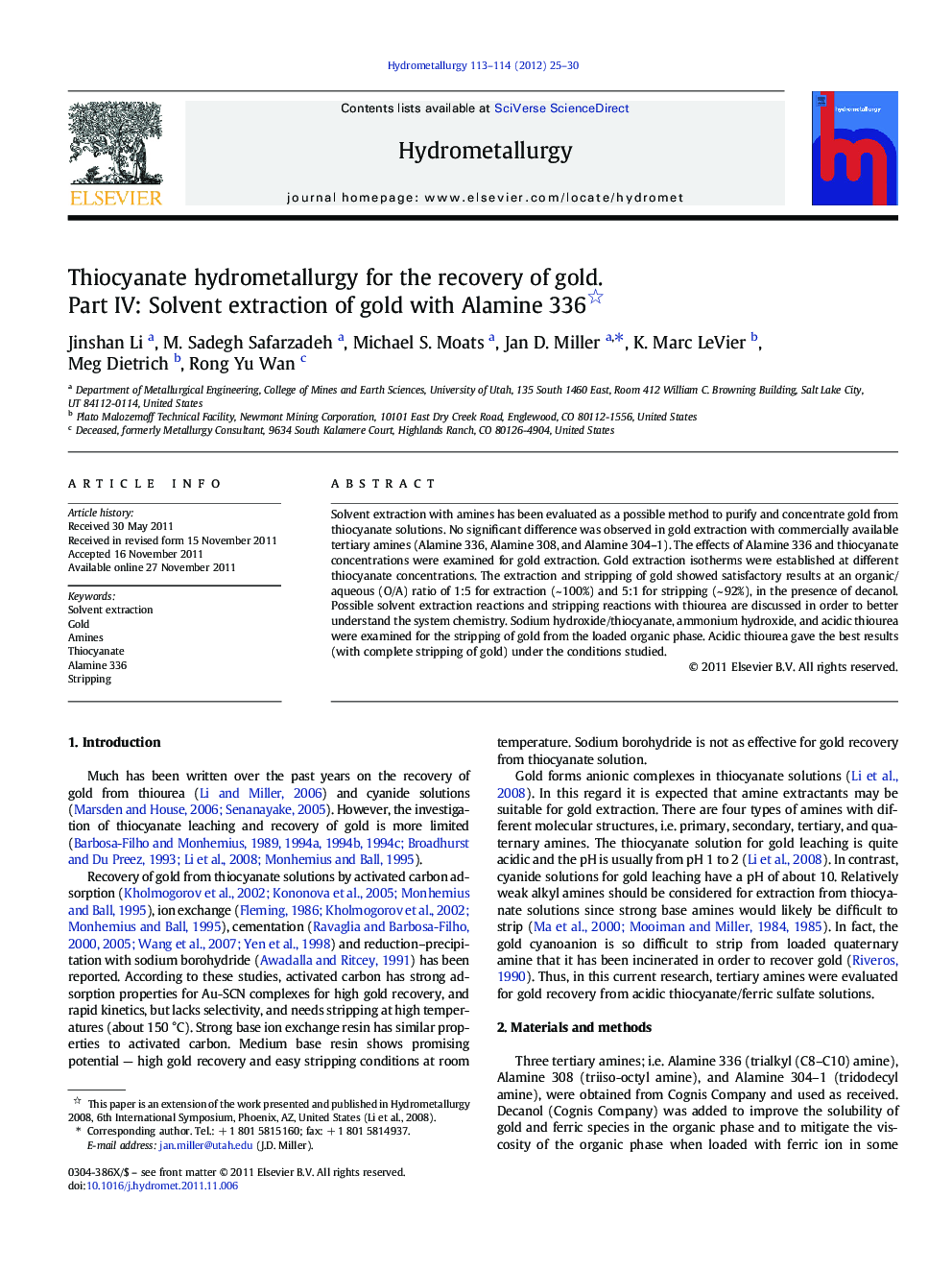 Thiocyanate hydrometallurgy for the recovery of gold. Part IV: Solvent extraction of gold with Alamine 336 