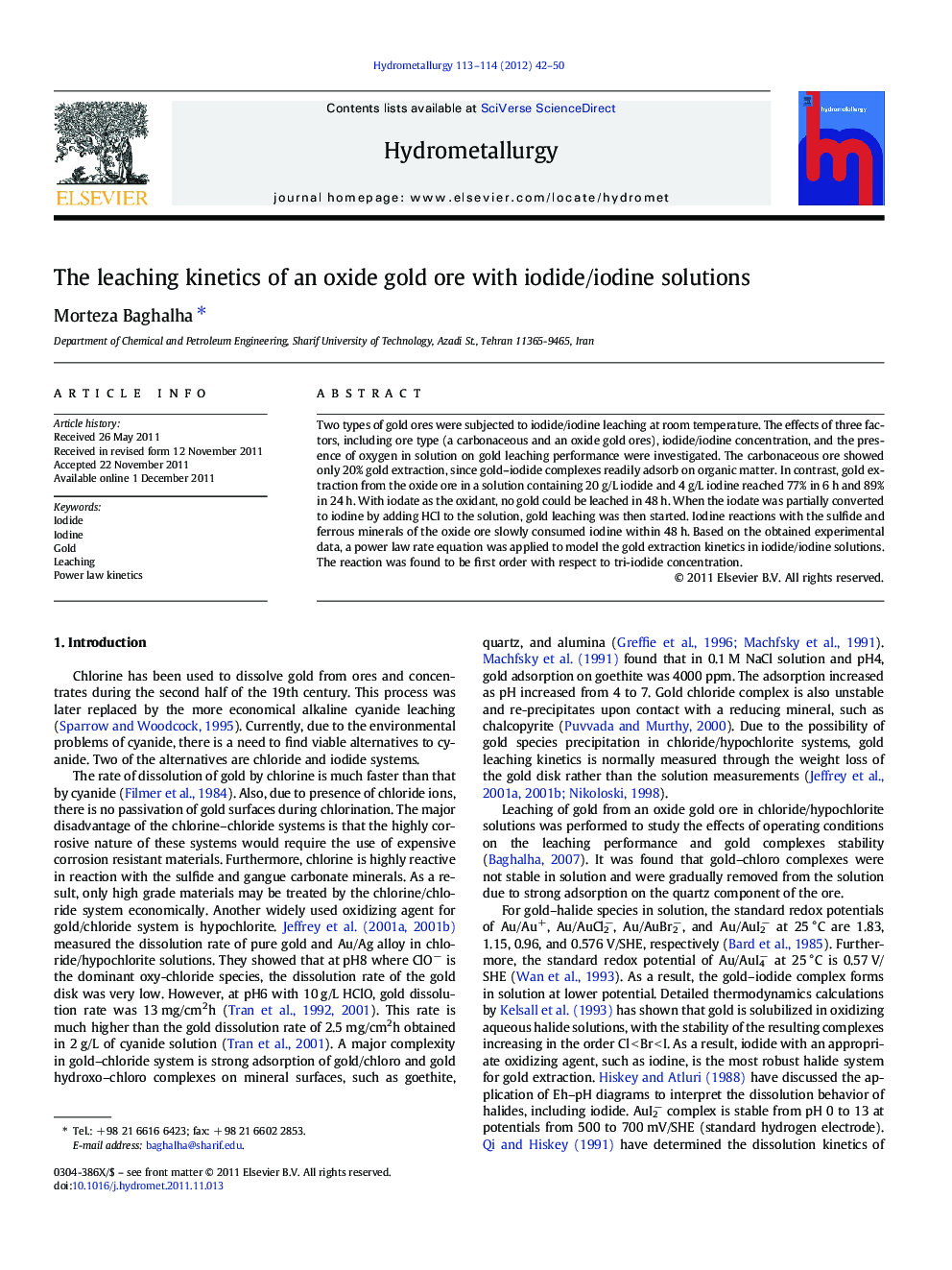 The leaching kinetics of an oxide gold ore with iodide/iodine solutions