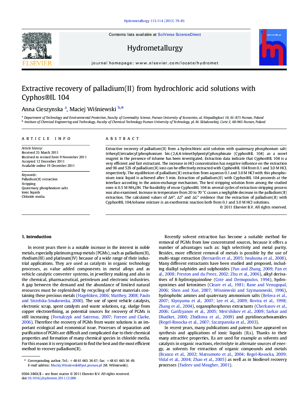 Extractive recovery of palladium(II) from hydrochloric acid solutions with Cyphos®IL 104