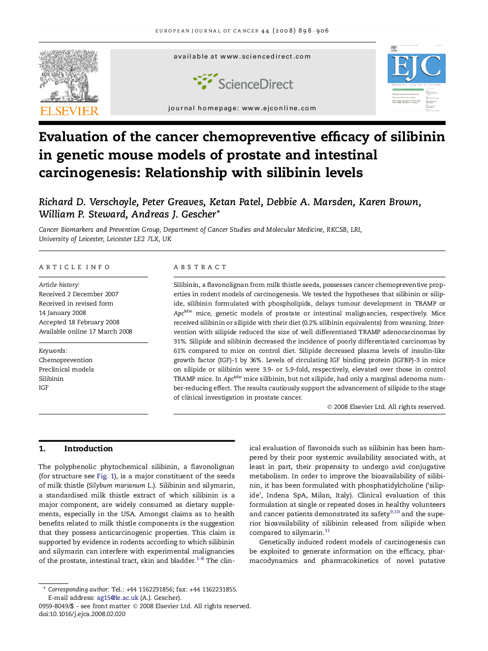 Evaluation of the cancer chemopreventive efficacy of silibinin in genetic mouse models of prostate and intestinal carcinogenesis: Relationship with silibinin levels