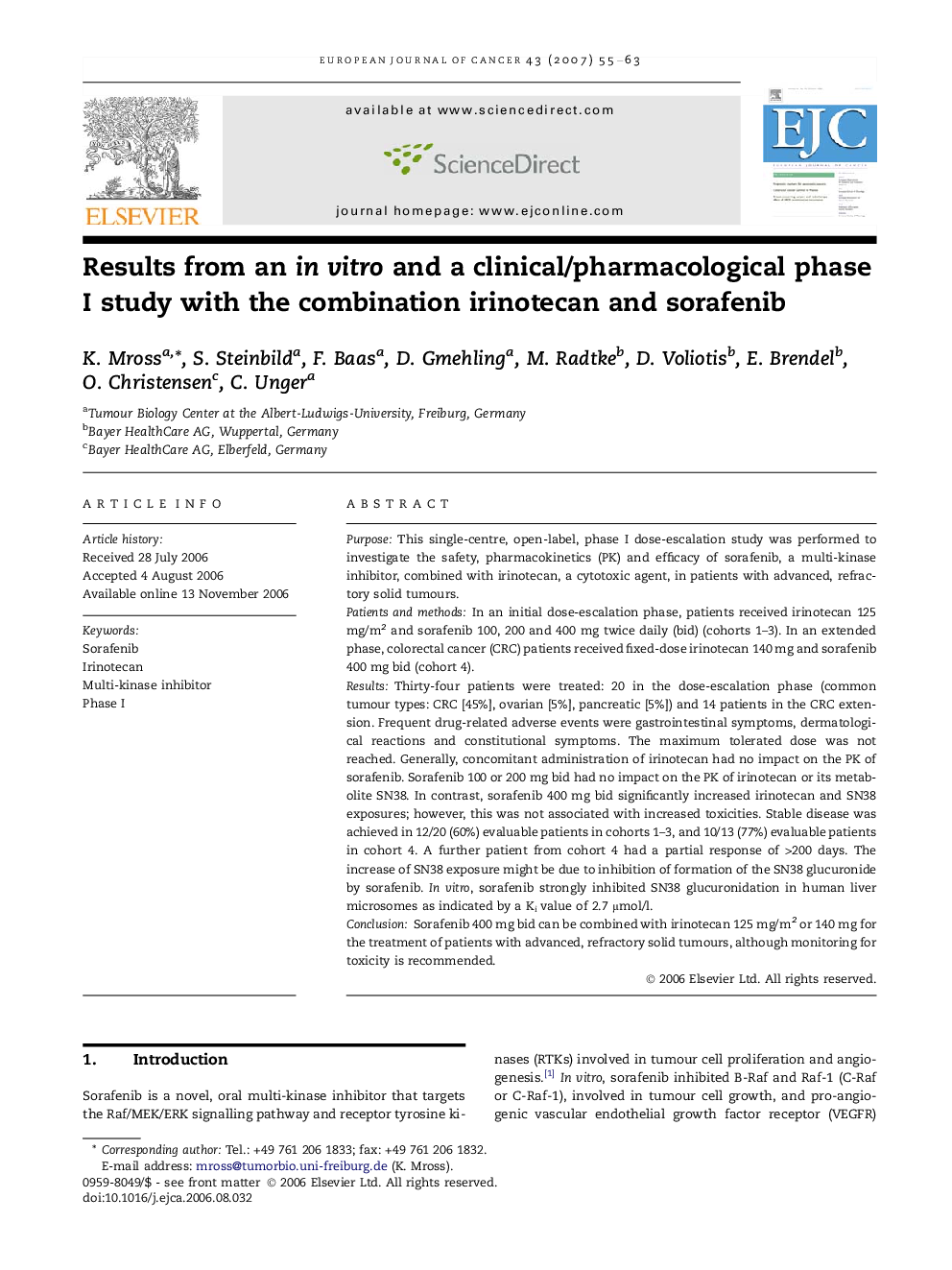 Results from an in vitro and a clinical/pharmacological phase I study with the combination irinotecan and sorafenib