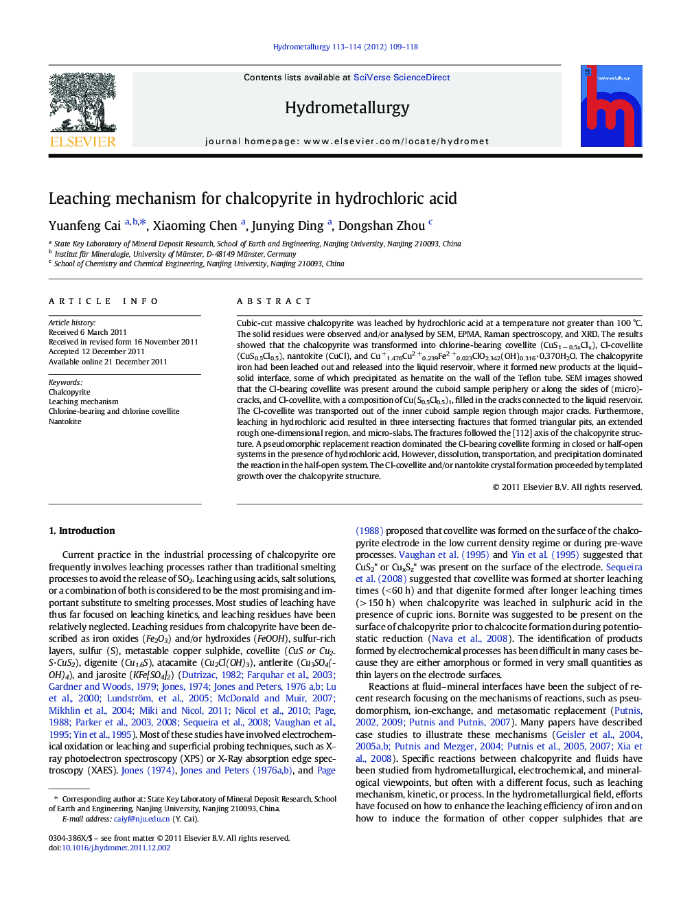 Leaching mechanism for chalcopyrite in hydrochloric acid