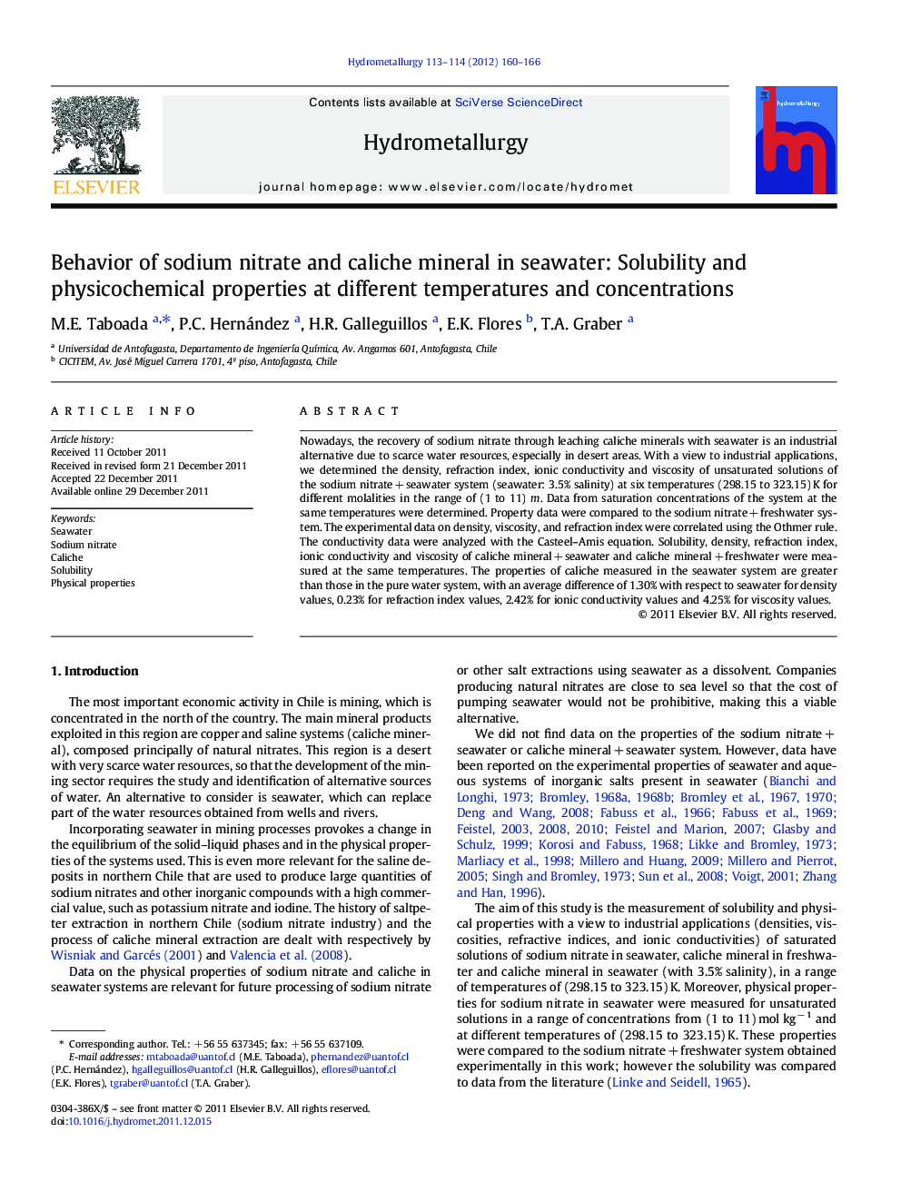 Behavior of sodium nitrate and caliche mineral in seawater: Solubility and physicochemical properties at different temperatures and concentrations