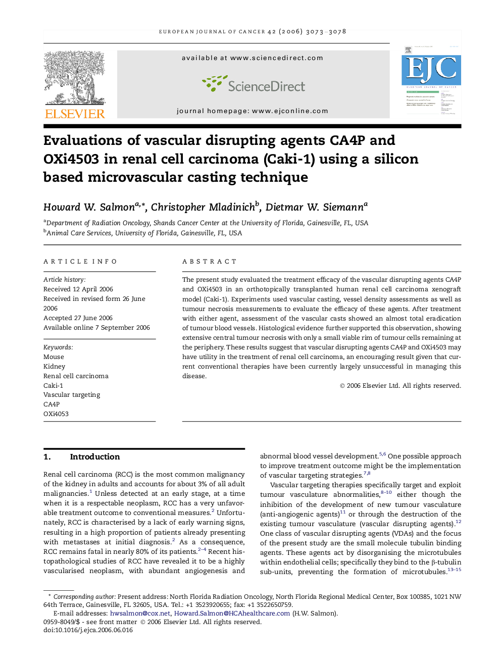 Evaluations of vascular disrupting agents CA4P and OXi4503 in renal cell carcinoma (Caki-1) using a silicon based microvascular casting technique