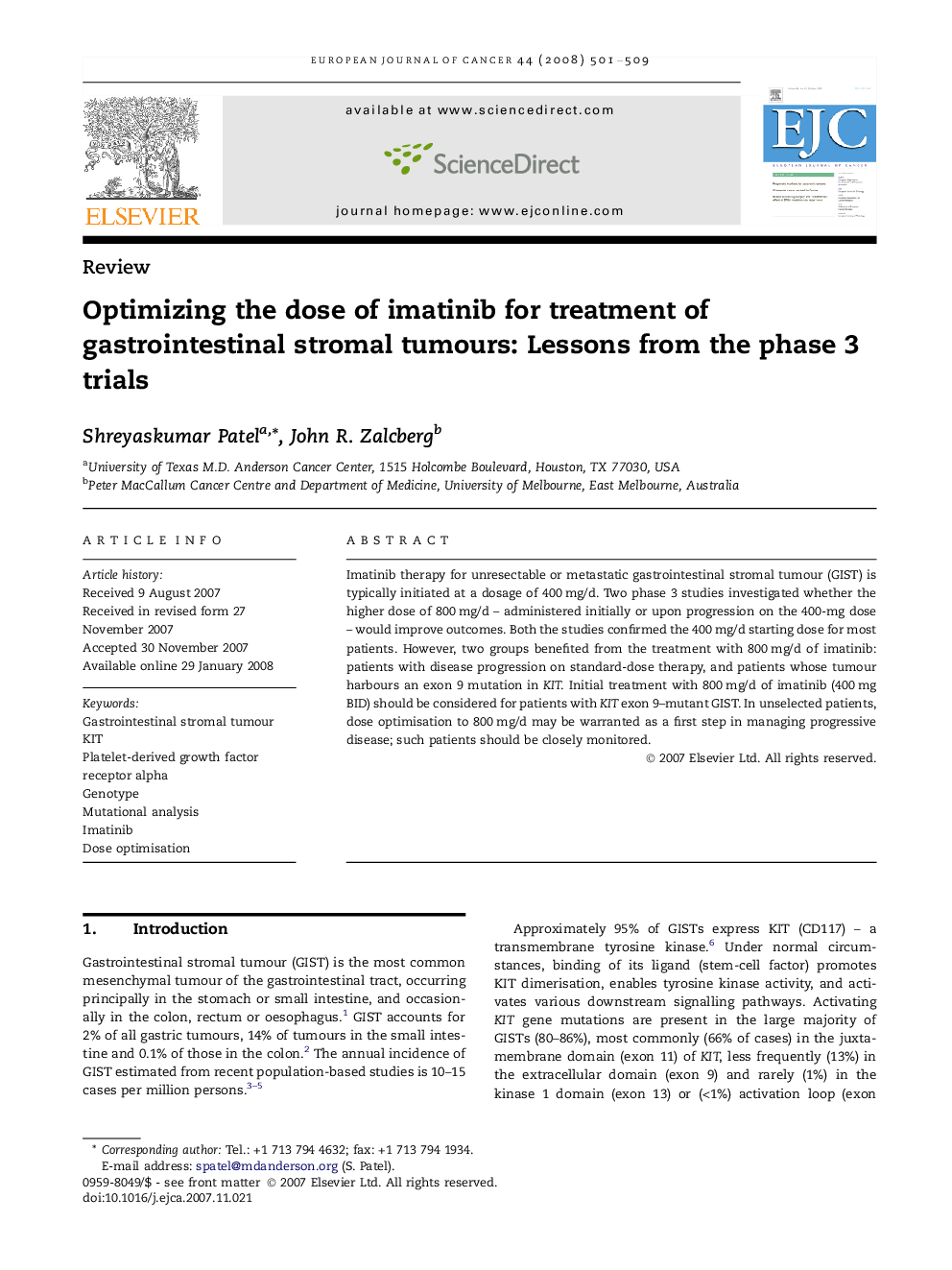 Optimizing the dose of imatinib for treatment of gastrointestinal stromal tumours: Lessons from the phase 3 trials