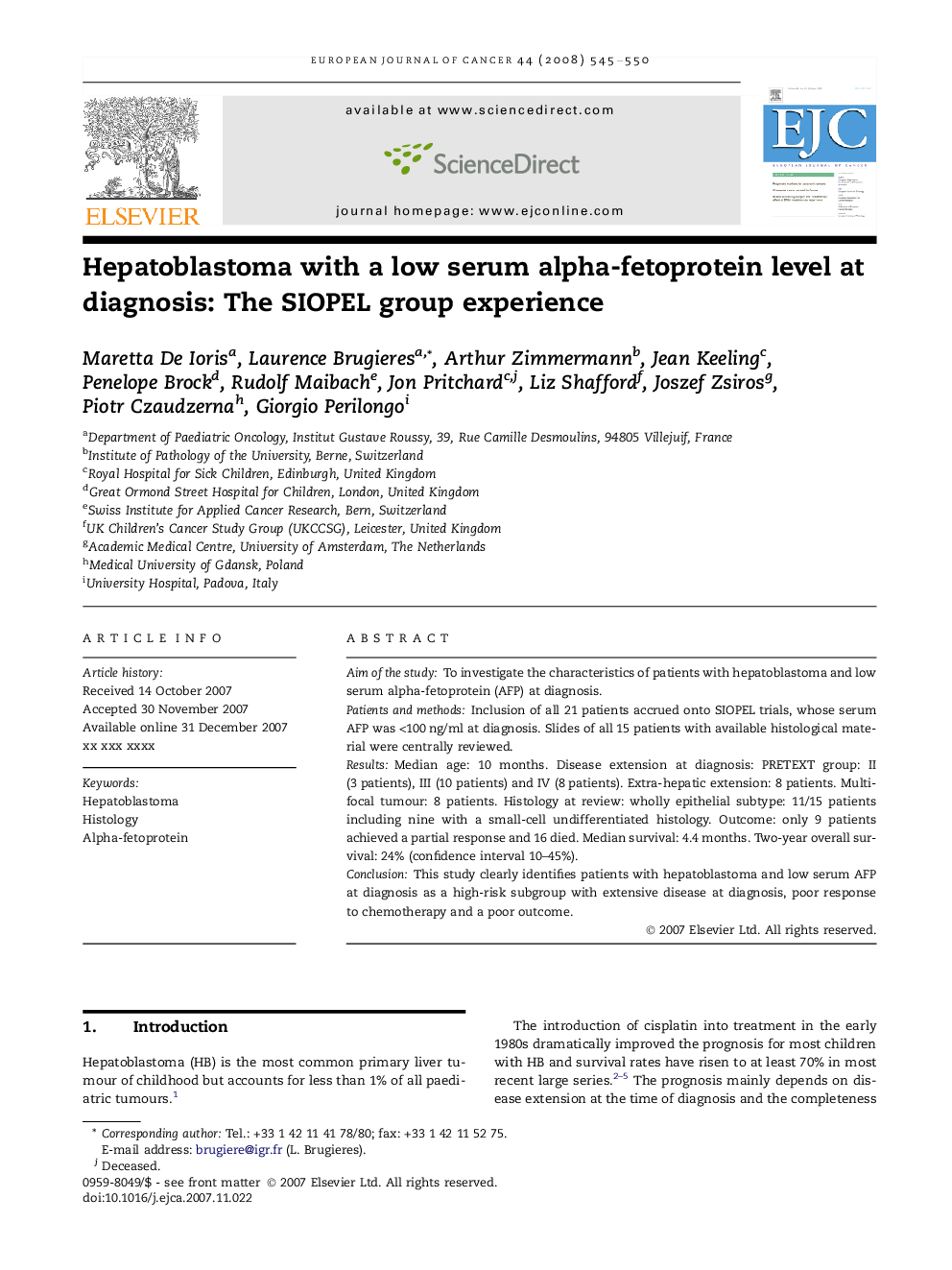 Hepatoblastoma with a low serum alpha-fetoprotein level at diagnosis: The SIOPEL group experience