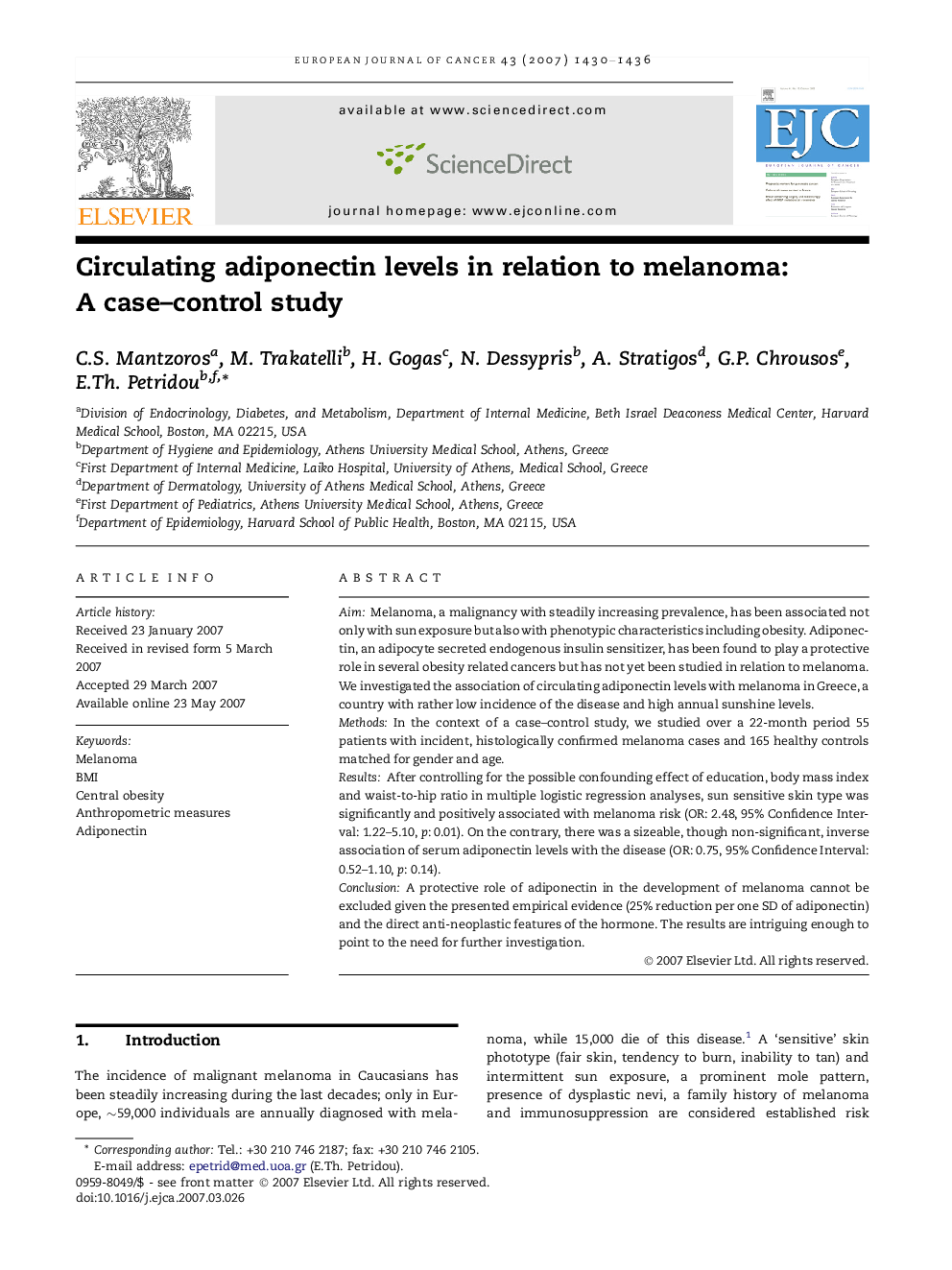 Circulating adiponectin levels in relation to melanoma: A case–control study