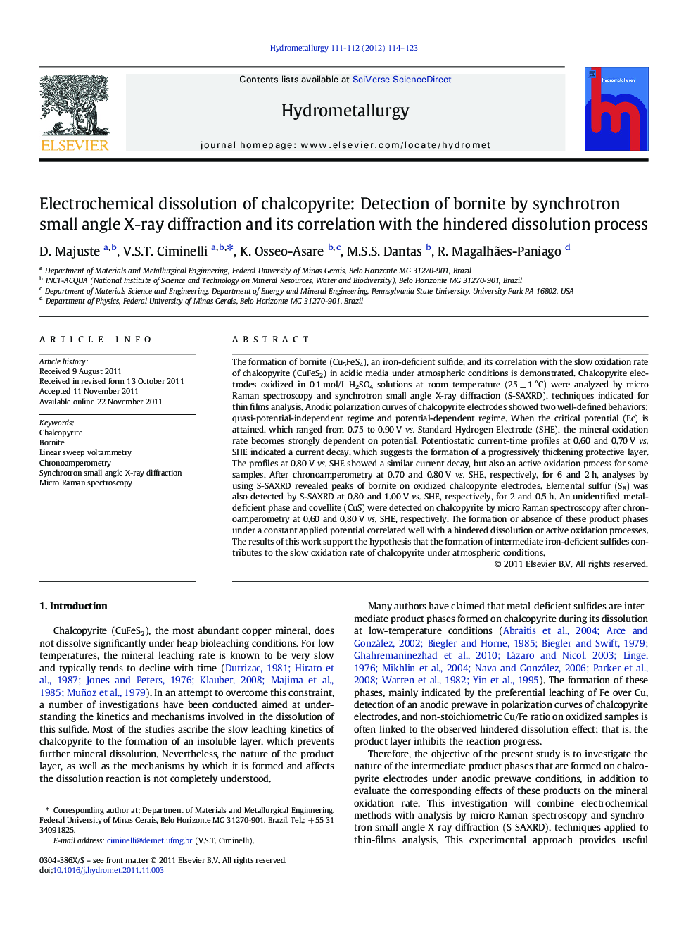 Electrochemical dissolution of chalcopyrite: Detection of bornite by synchrotron small angle X-ray diffraction and its correlation with the hindered dissolution process