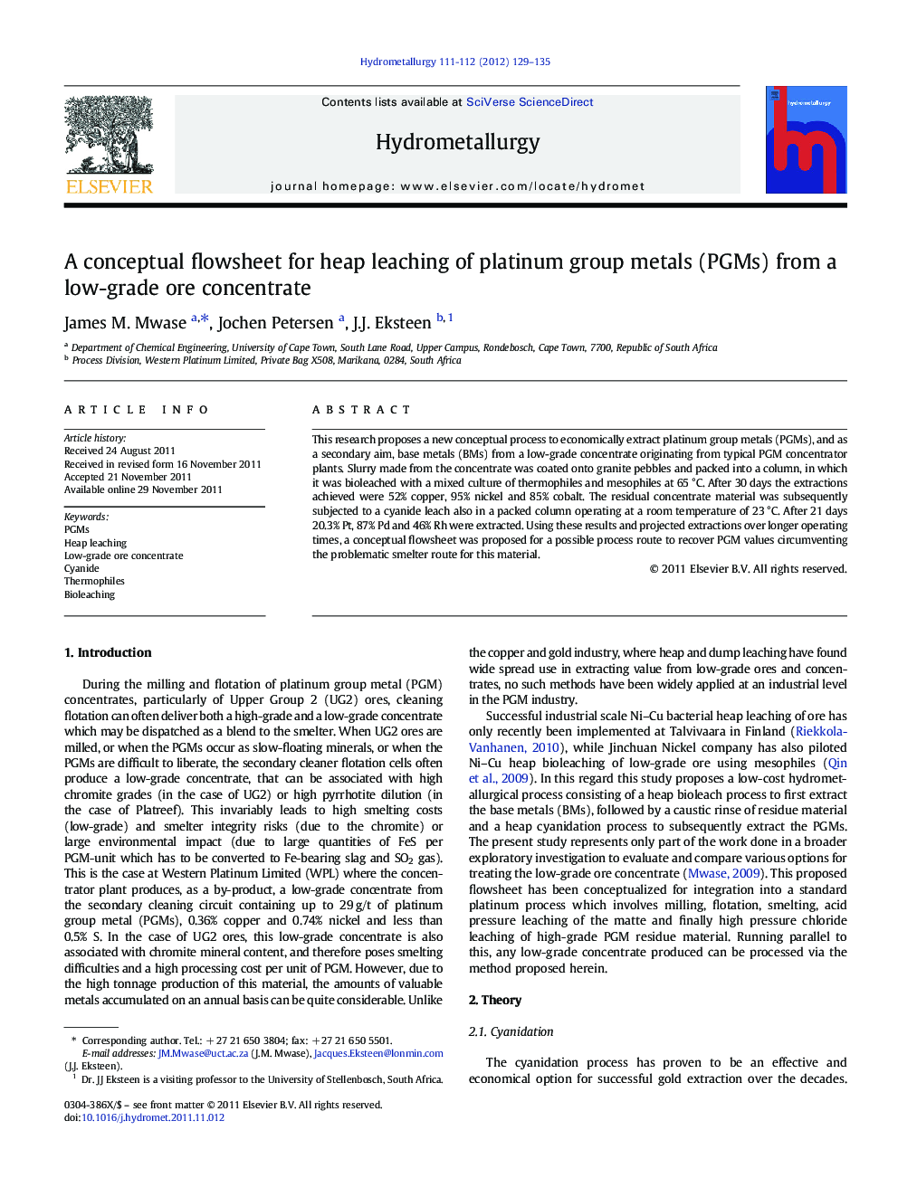 A conceptual flowsheet for heap leaching of platinum group metals (PGMs) from a low-grade ore concentrate