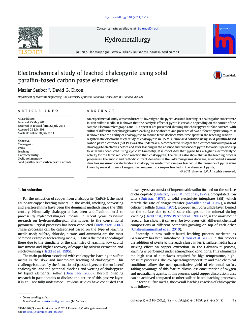 Electrochemical study of leached chalcopyrite using solid paraffin-based carbon paste electrodes