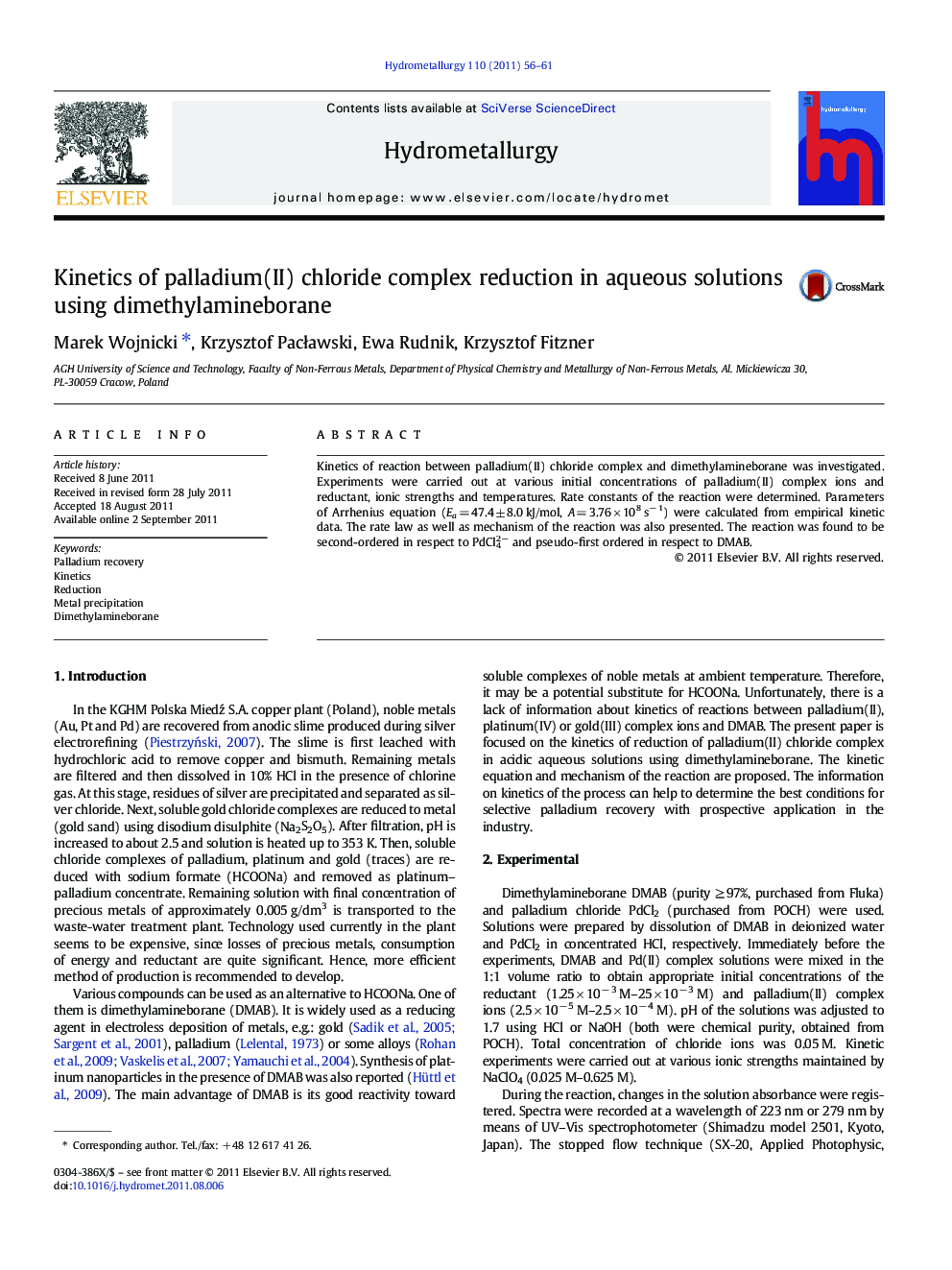 Kinetics of palladium(II) chloride complex reduction in aqueous solutions using dimethylamineborane