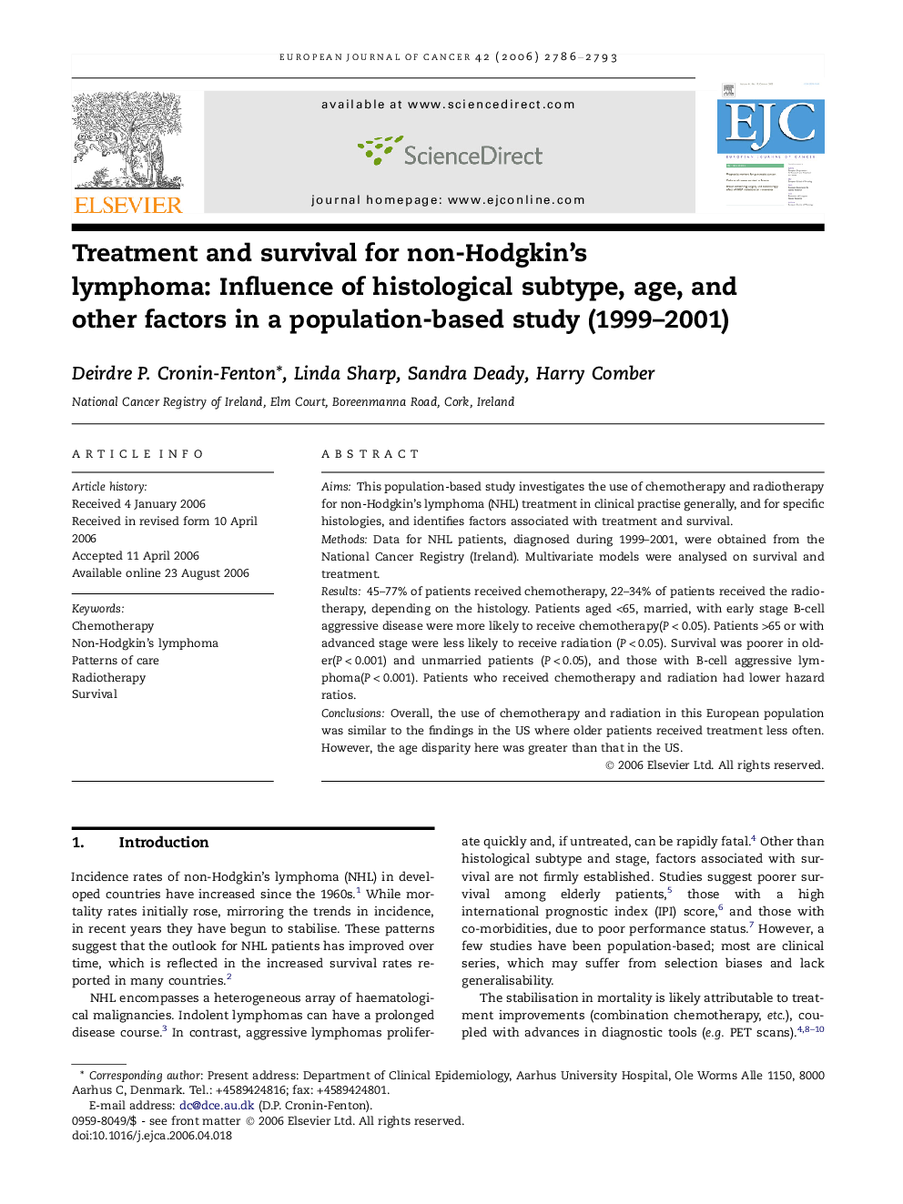 Treatment and survival for non-Hodgkin's lymphoma: Influence of histological subtype, age, and other factors in a population-based study (1999-2001)