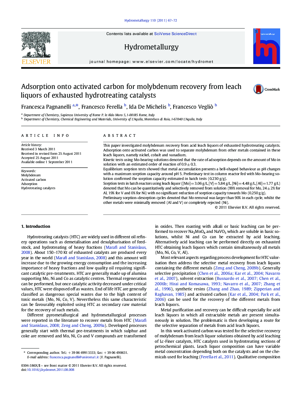 Adsorption onto activated carbon for molybdenum recovery from leach liquors of exhausted hydrotreating catalysts