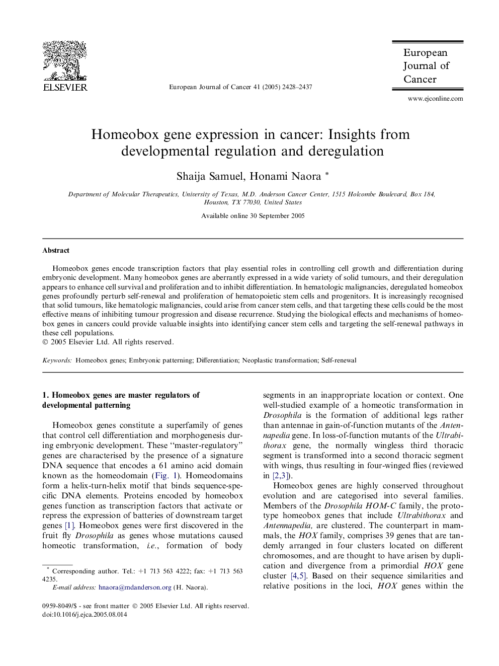 عکس صفحه اول مقاله: Homeobox gene expression in cancer: Insights from developmental regulation and deregulation Homeobox gene expression in cancer: Insights from developmental regulation and deregulation