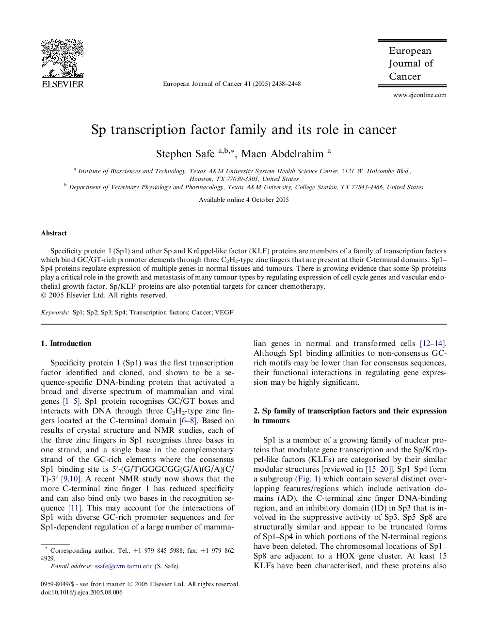 Sp transcription factor family and its role in cancer