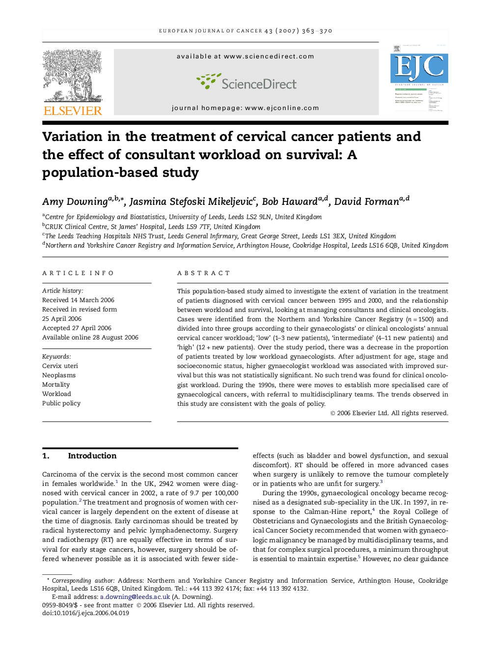 Variation in the treatment of cervical cancer patients and the effect of consultant workload on survival: A population-based study