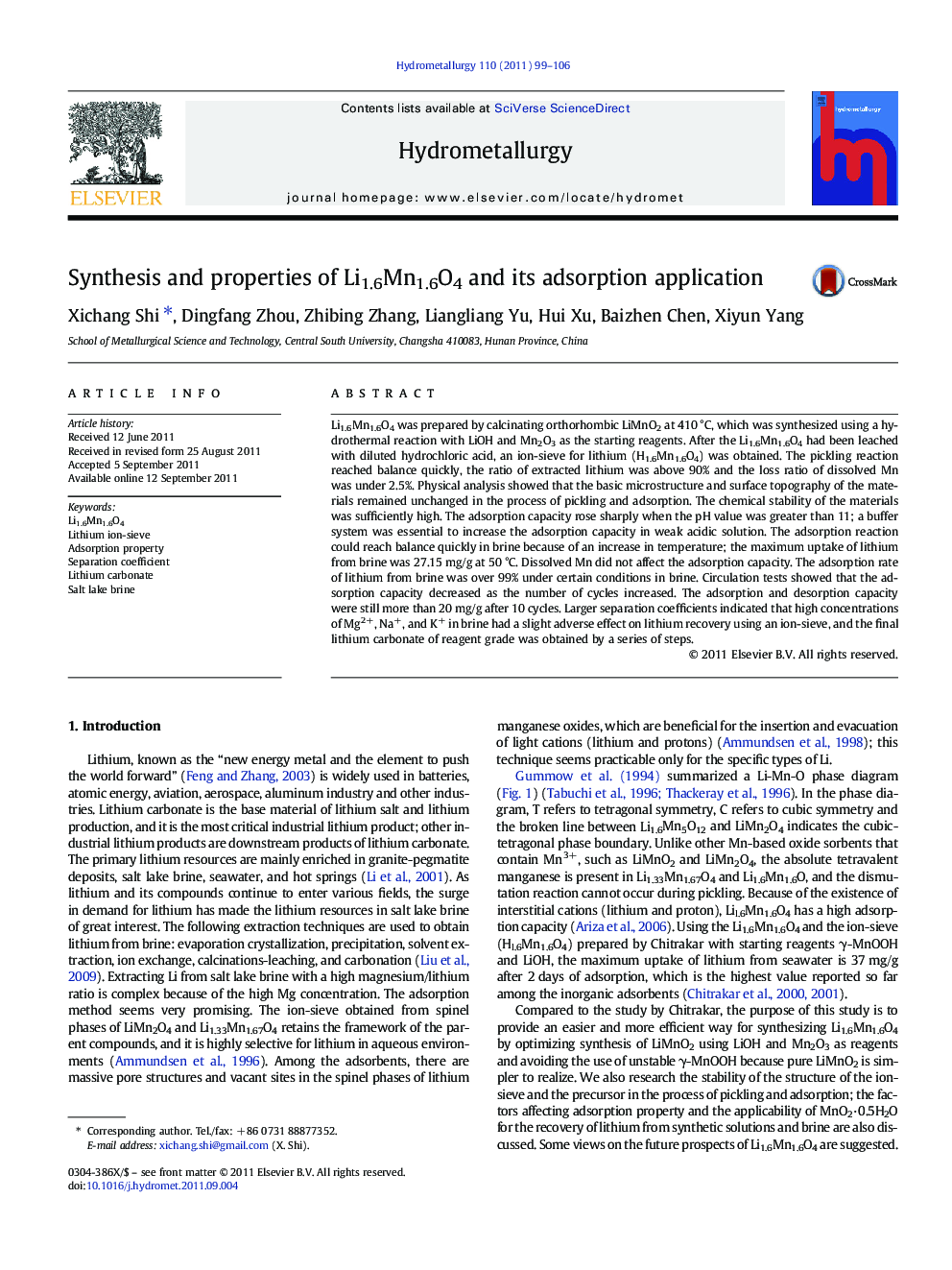 Synthesis and properties of Li1.6Mn1.6O4 and its adsorption application