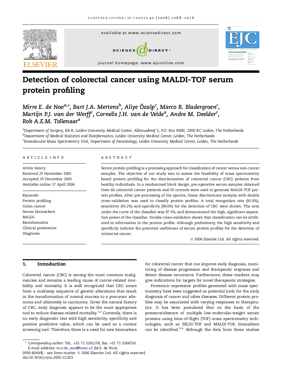 Detection of colorectal cancer using MALDI-TOF serum protein profiling