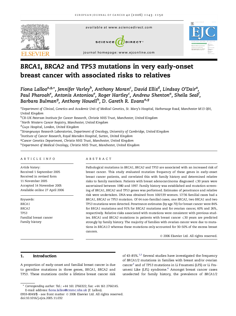 BRCA1, BRCA2 and TP53 mutations in very early-onset breast cancer with associated risks to relatives