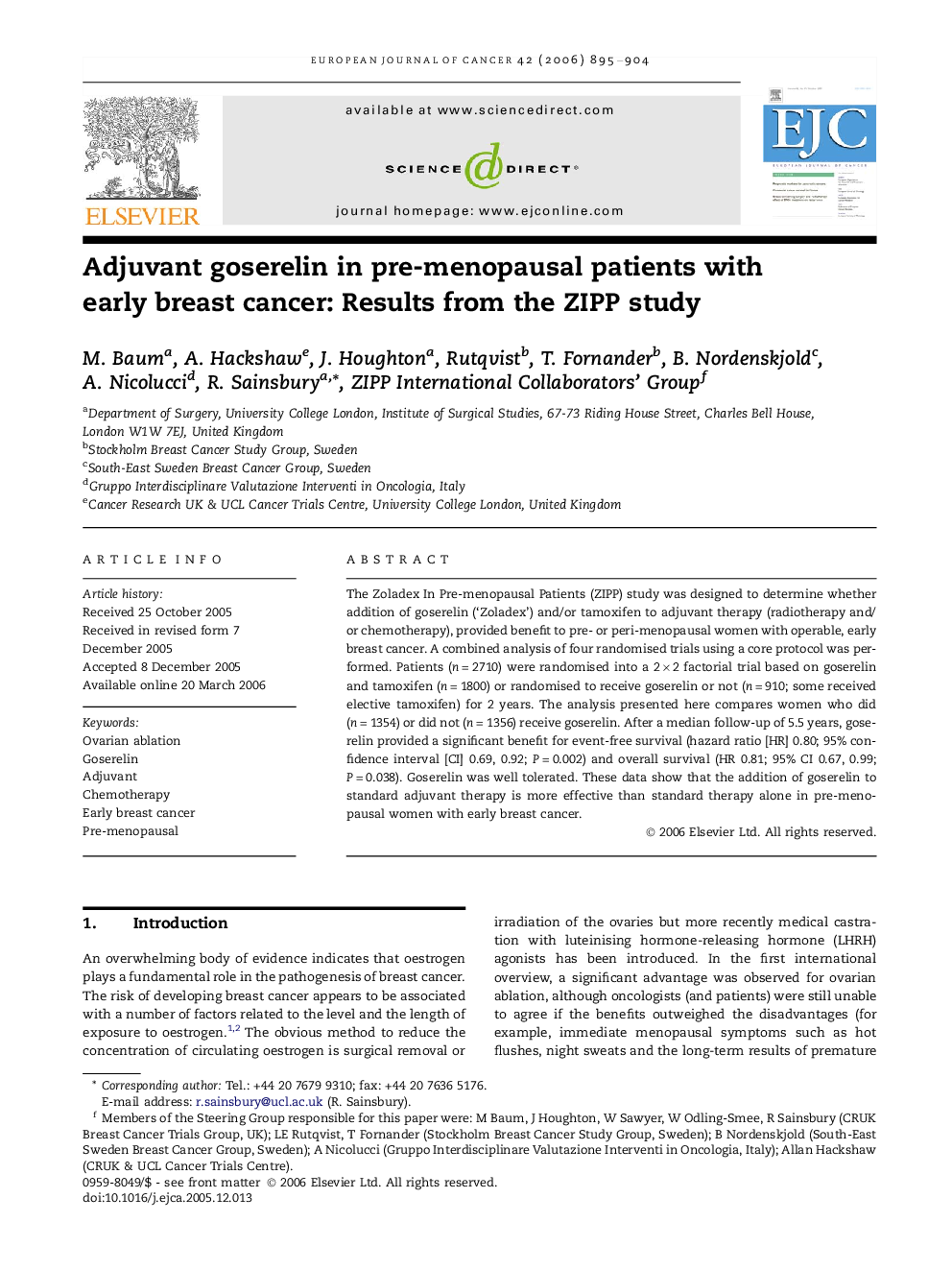 Adjuvant goserelin in pre-menopausal patients with early breast cancer: Results from the ZIPP study