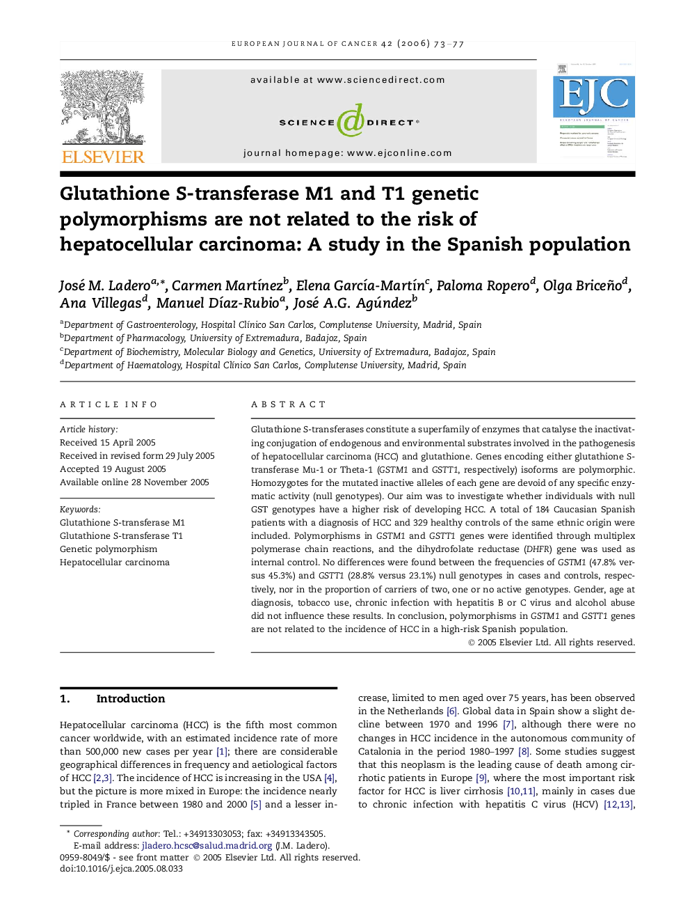 Glutathione S-transferase M1 and T1 genetic polymorphisms are not related to the risk of hepatocellular carcinoma: A study in the Spanish population