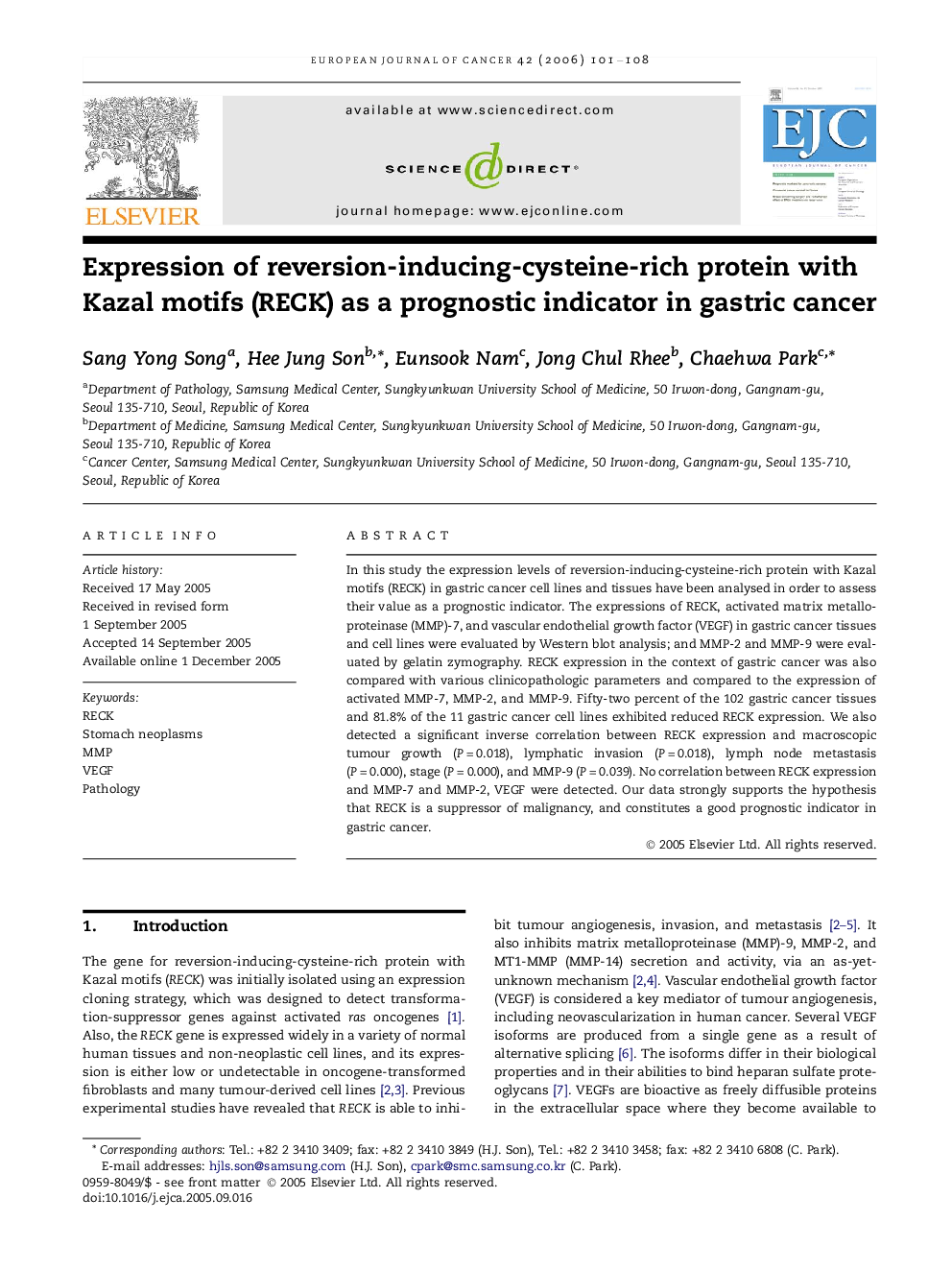 Expression of reversion-inducing-cysteine-rich protein with Kazal motifs (RECK) as a prognostic indicator in gastric cancer