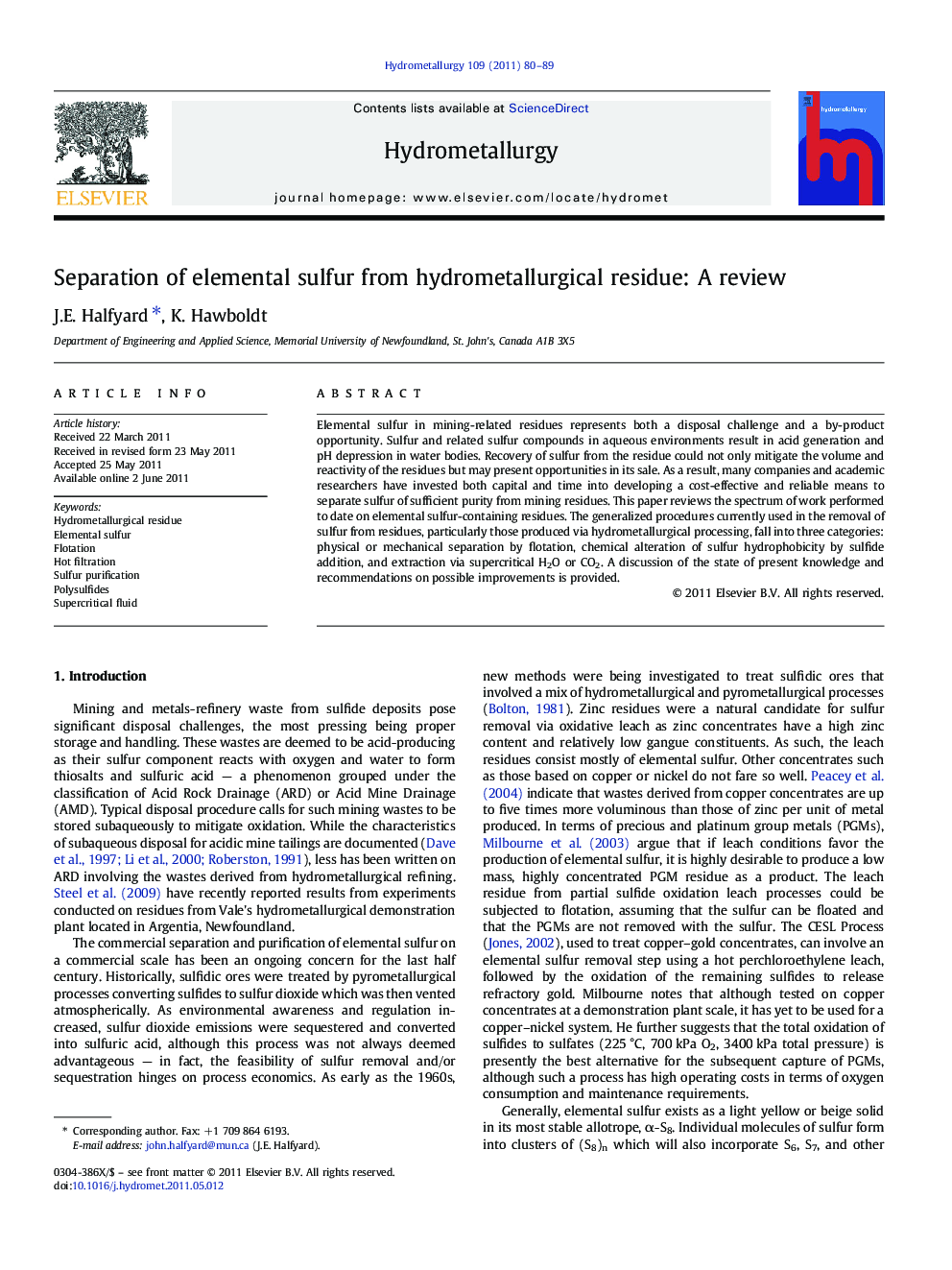 Separation of elemental sulfur from hydrometallurgical residue: A review