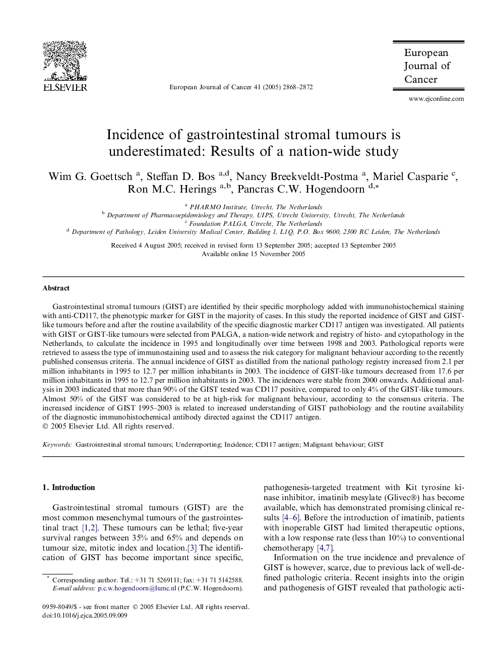 Incidence of gastrointestinal stromal tumours is underestimated: Results of a nation-wide study