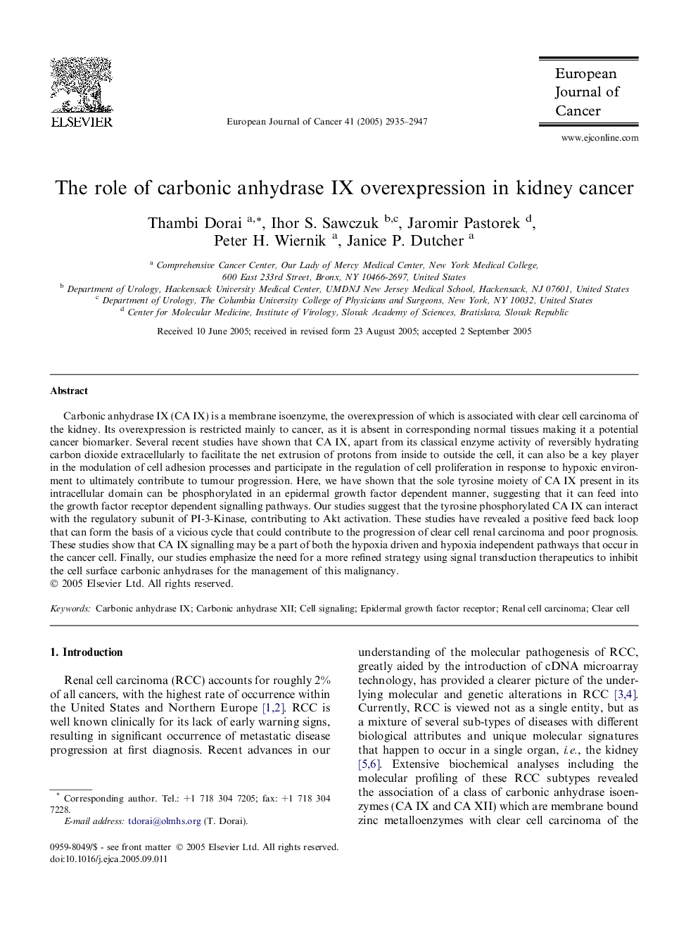 The role of carbonic anhydrase IX overexpression in kidney cancer