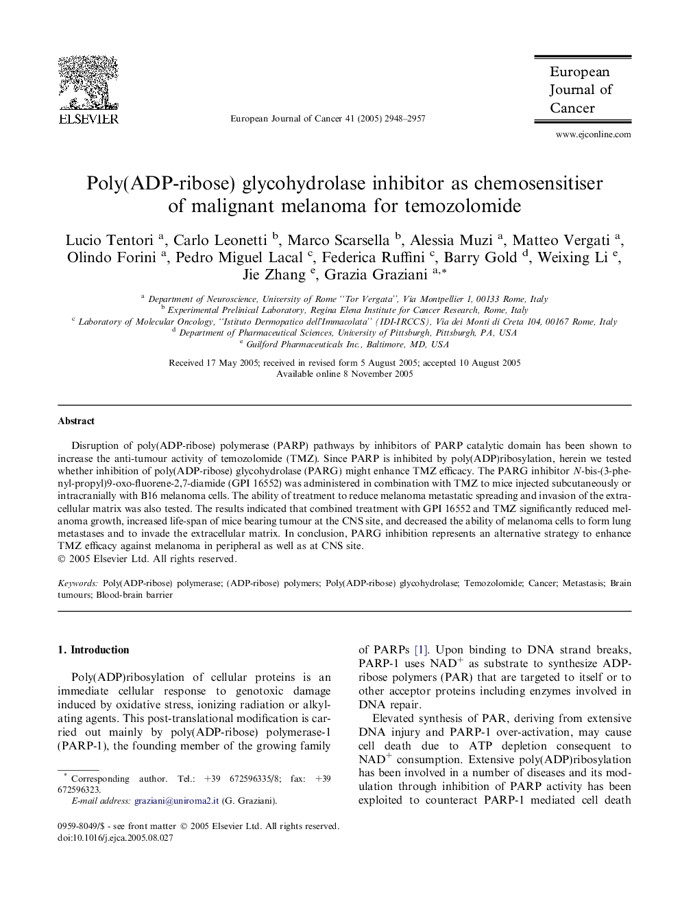 Poly(ADP-ribose) glycohydrolase inhibitor as chemosensitiser of malignant melanoma for temozolomide