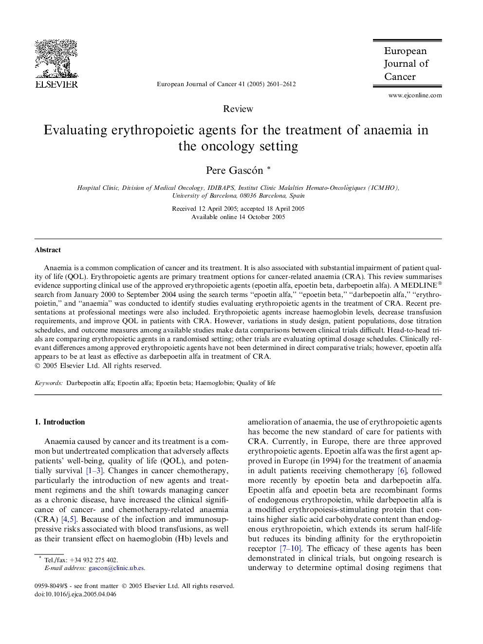 Evaluating erythropoietic agents for the treatment of anaemia in the oncology setting