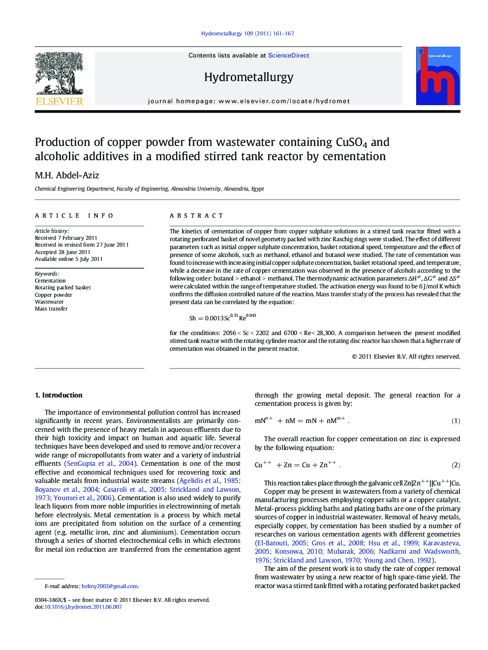 Production of copper powder from wastewater containing CuSO4 and alcoholic additives in a modified stirred tank reactor by cementation