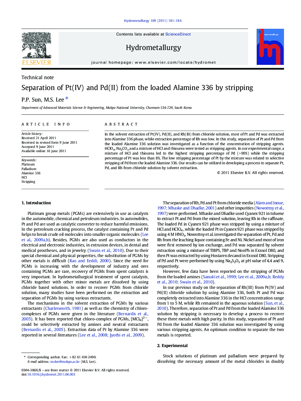 Separation of Pt(IV) and Pd(II) from the loaded Alamine 336 by stripping