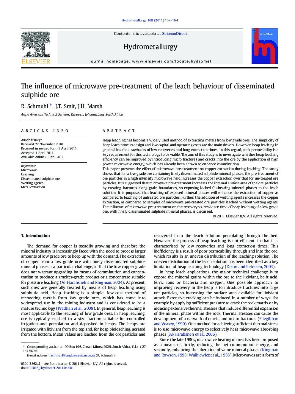عکس صفحه اول مقاله: The influence of microwave pre-treatment of the leach behaviour of disseminated sulphide ore The influence of microwave pre-treatment of the leach behaviour of disseminated sulphide ore