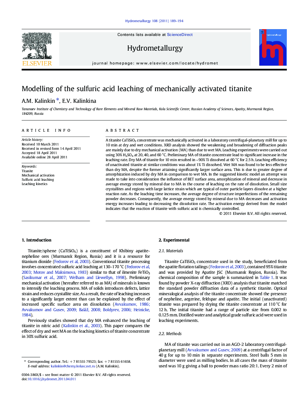 Modelling of the sulfuric acid leaching of mechanically activated titanite