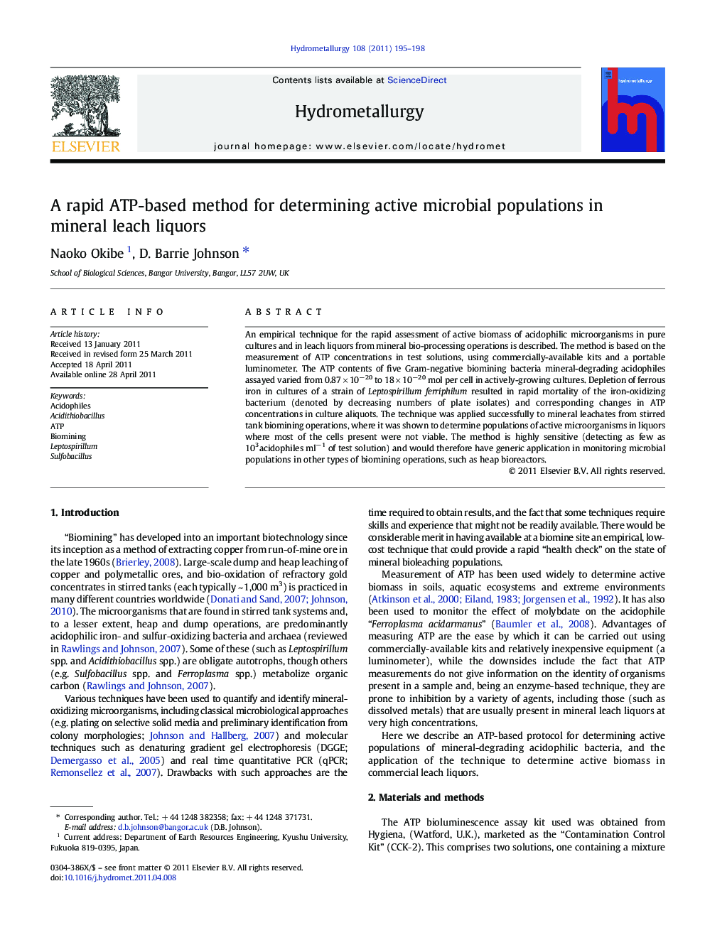 A rapid ATP-based method for determining active microbial populations in mineral leach liquors