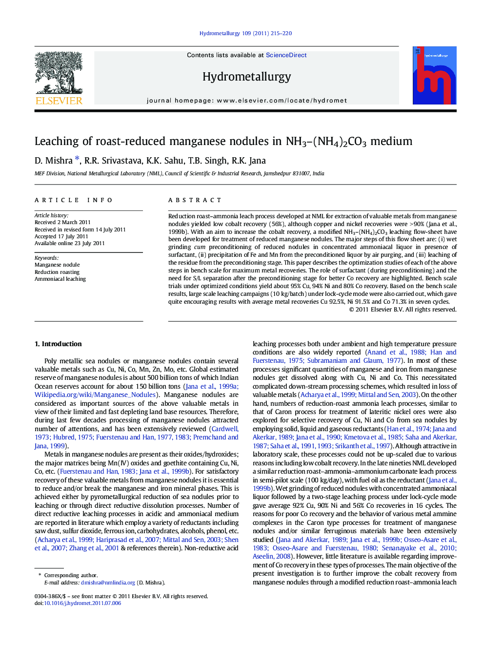 Leaching of roast-reduced manganese nodules in NH3–(NH4)2CO3 medium