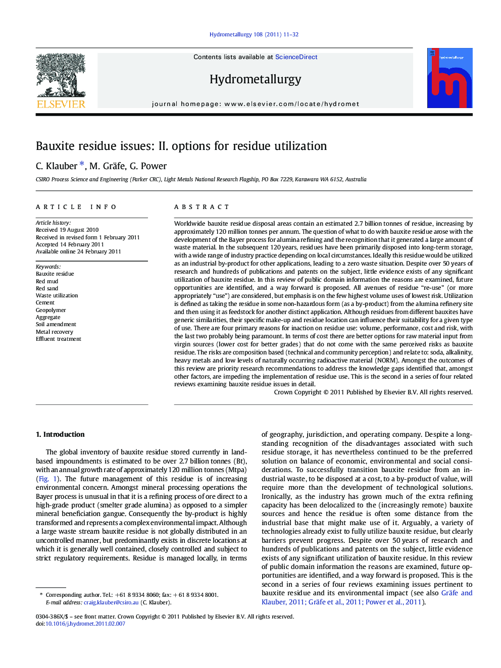 Bauxite residue issues: II. options for residue utilization